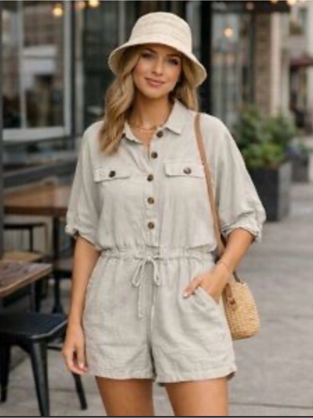 American Eagle Outfitters Stone Beige Button-Front Short Jumpsuit